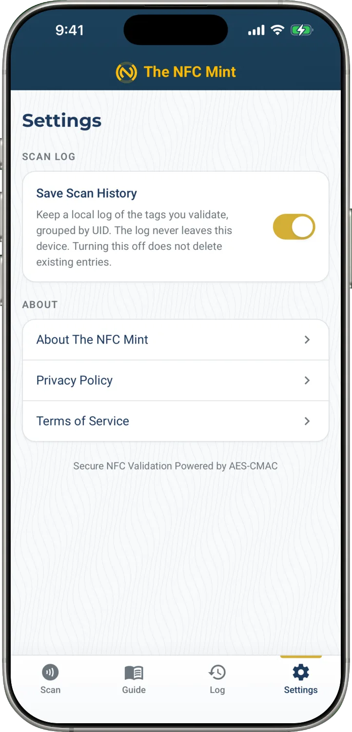 The NFC Mint Tag Validator Settings